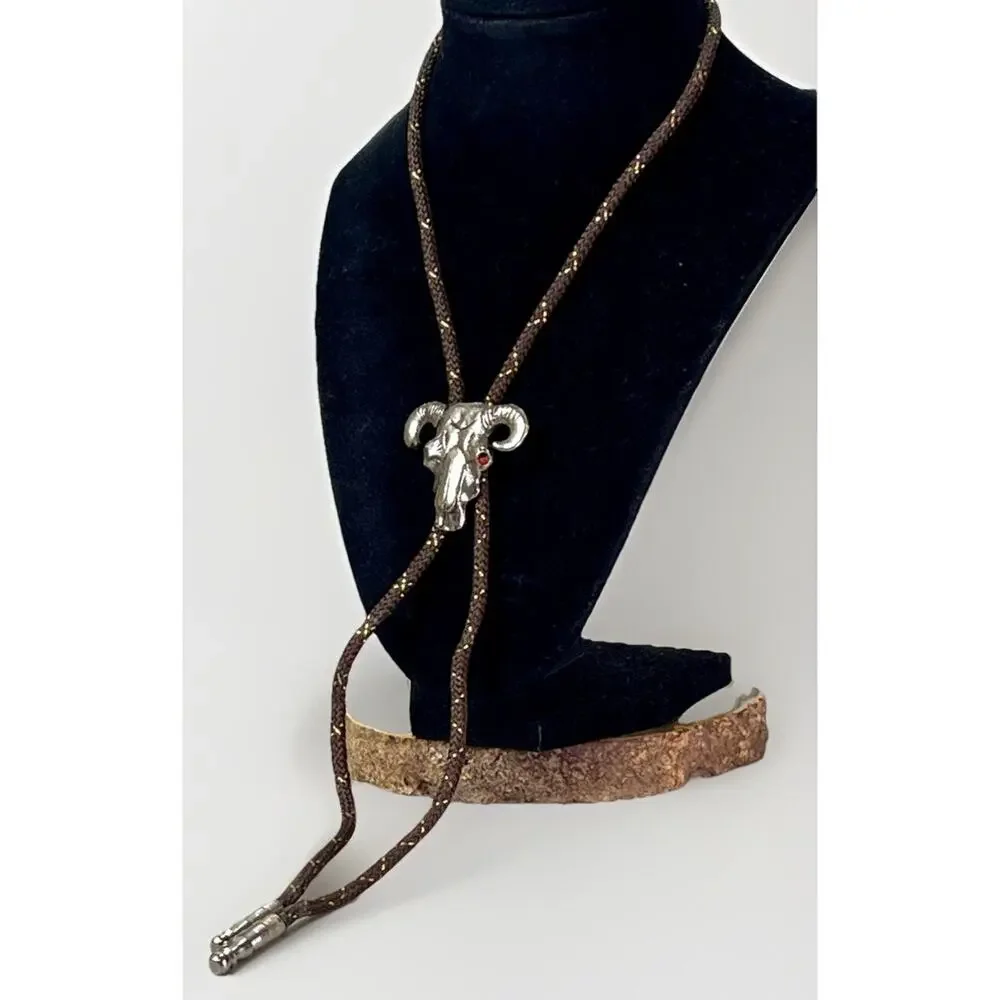 Western Ram Skull Bolo Tie Silver Tone Red Eyes Brown Braided Cord 33”